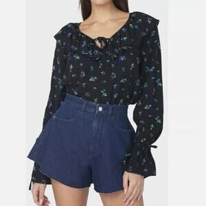 Revolve WeWoreWhat Ruffle Blouse Top Watercolor Ditsy Black Multi Womens S NWT